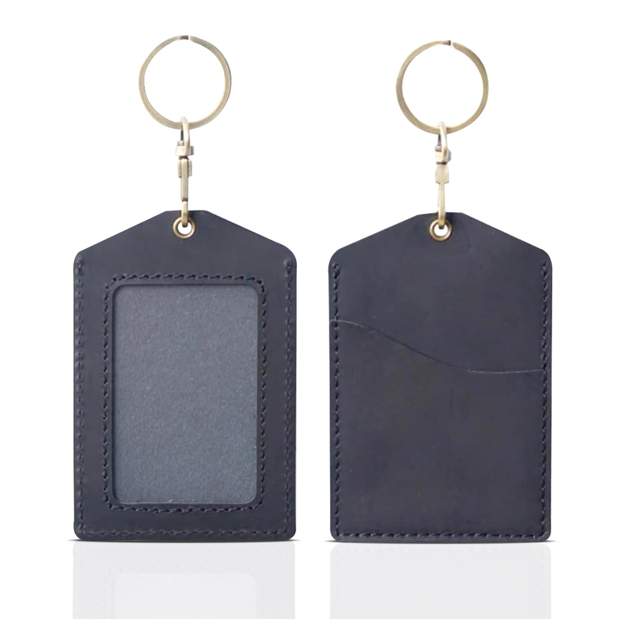 Trizek - ID Badge Luggage Tag School and Working Card tag Genuine Leather ID Card Holder Tag (Black)