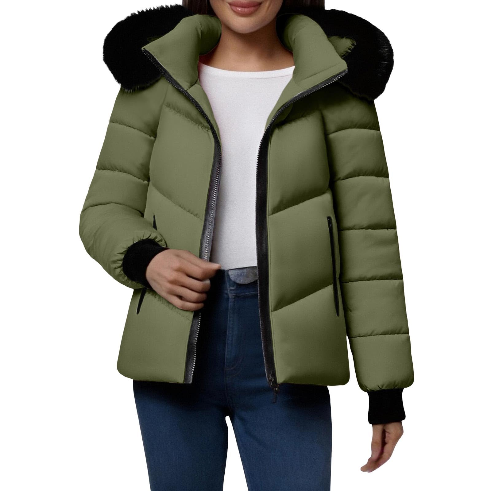 Doudoune courte d'hiver pour femme avec capuche en fausse fourrure et col montant avec fermeture éclair - Imperméable - Matelassée - Manteau d'hiver fin et chaud - Coupe-vent - Manteau ample