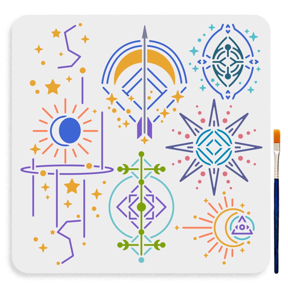 MAYJOYDIY Sacred Geometry Divination Stencil 30×30cm Magic Themed Stencils Bow and Arrow Sun Constellation Drawing Template with Paint Brush for Art Crafts Canvas Furniture Wall Wood