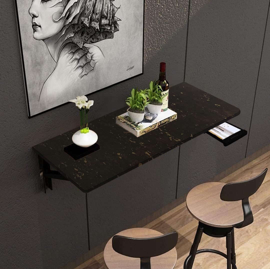 QARA (40x16 inches Wall Mounted Table with Drawer| Wall Mount Table with Drawer | Folding Round Corner Study Table|Wall Table Foldable (Moonlight Black)…