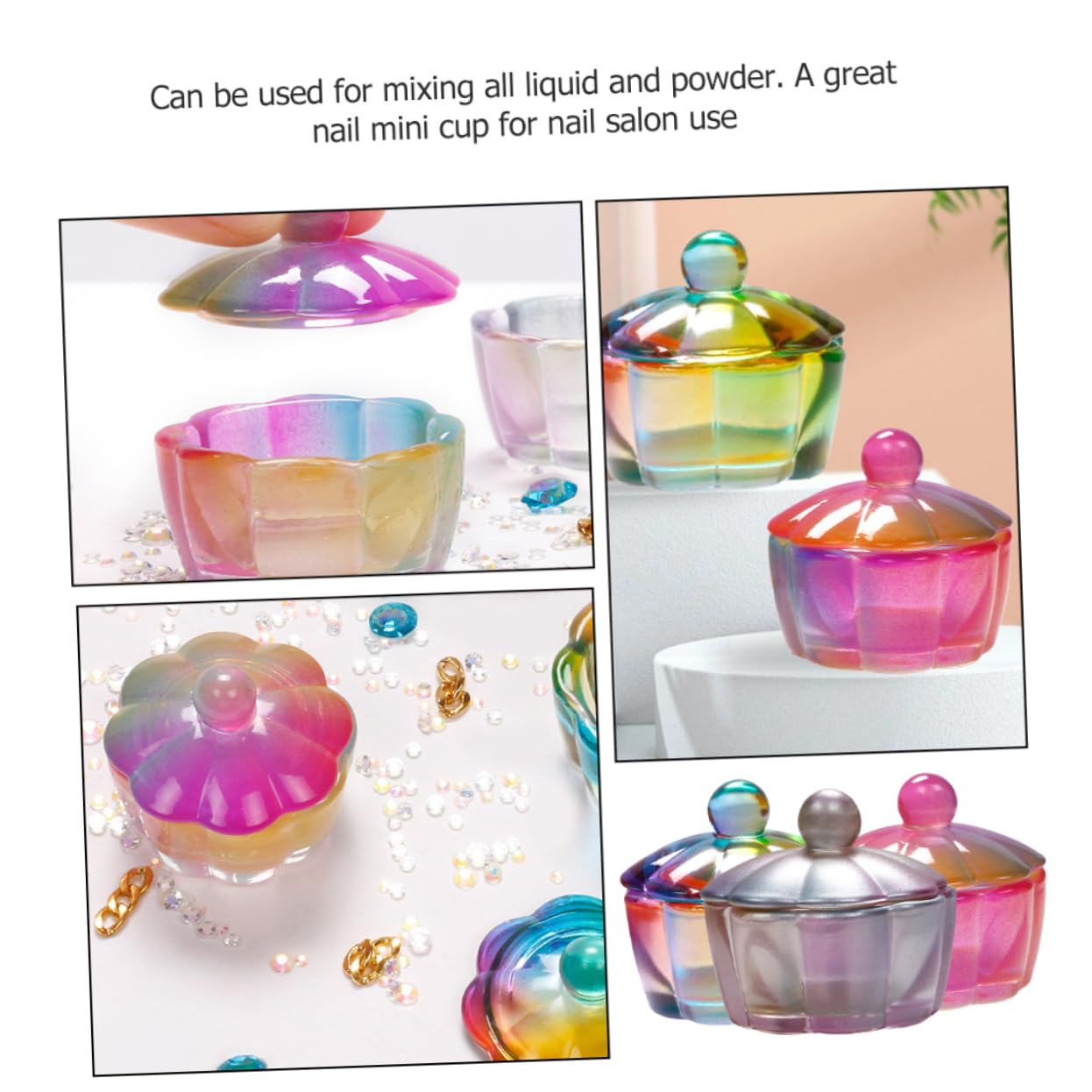 FRCOLOR 9 piezas Nail Art Crystal Vasos Multifunción Cuenco Monómero Cuenco de Nail-tech Accesorios Profesional Manicura Vaso de Manicura Uñas Dappen Platos Platos Vidrio Polvo Forma de Pétalo