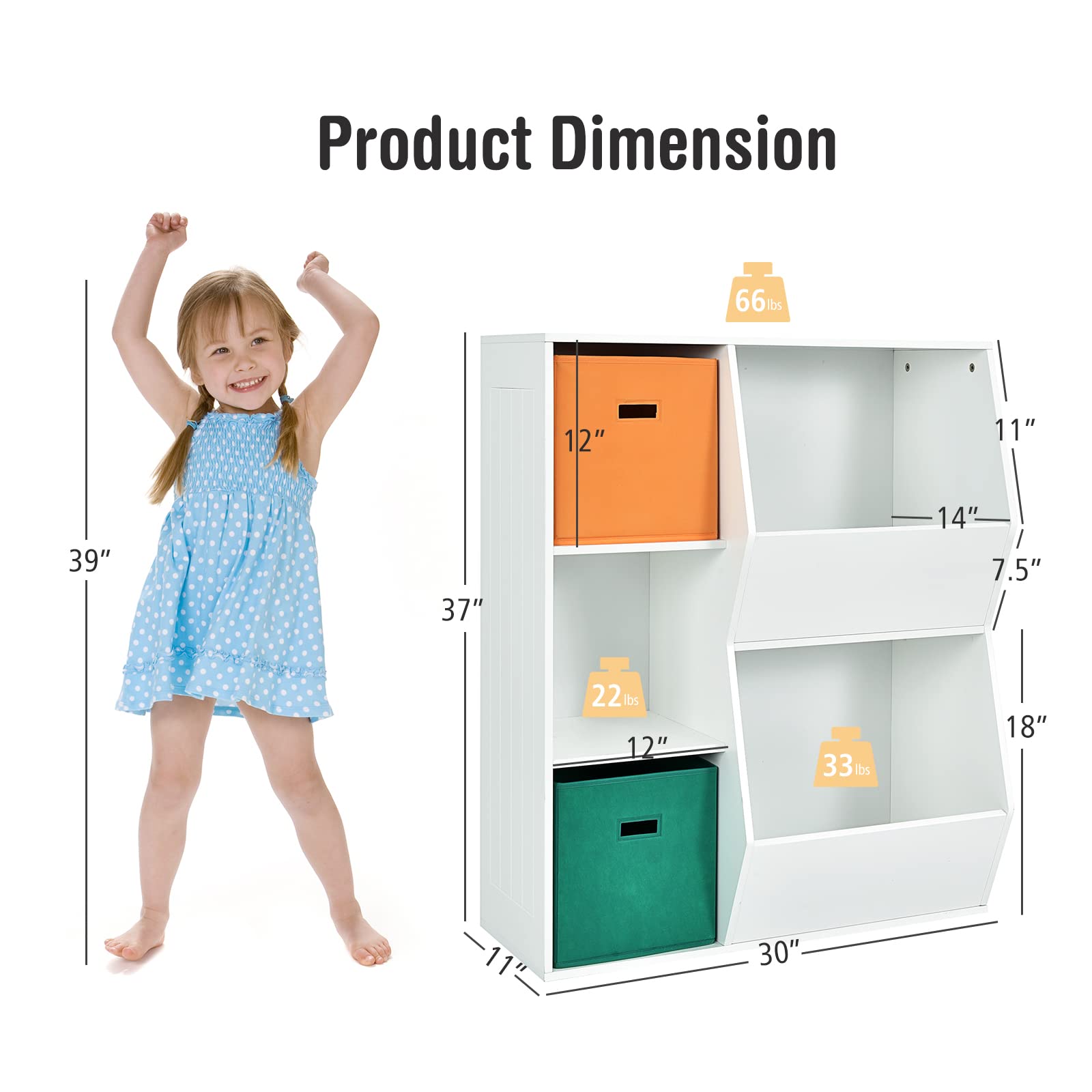 DREAMADE Bibliothèque d'angle Enfant à 3 Niveaux Meuble de Rangement Garçon et Fille avec Tiroirs en Tissu,Dispositif Anti-basculement Étagère pour Jouets,Livres,Chambre,Salon (Blanc, 5 Casiers)