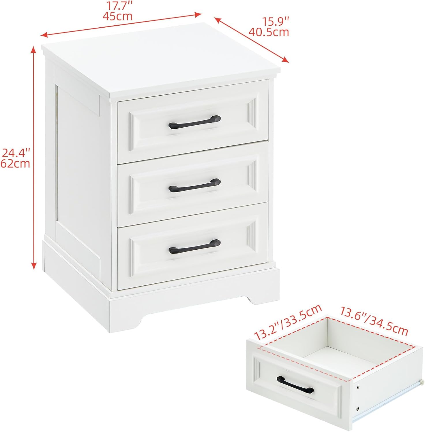 TUKAILAi Farmhouse Nightstand Set of 2, White Bedside Table with 3 Drawers, End Table with Storage Metal Handle, Modern Chest of Drawers Furniture for Bedroom