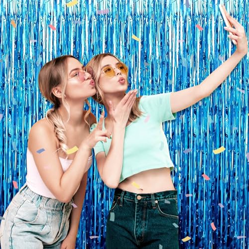 Image of 6 Pack Lake Blue Foil Fringe Curtain Backdrop, 3.28Ft x 8.2Ft Metallic Tinsel Foil Fringe Streamer Curtains for Photo Booth, Christmas Day, Thanksgiving, Wedding, New Year Party Decorations