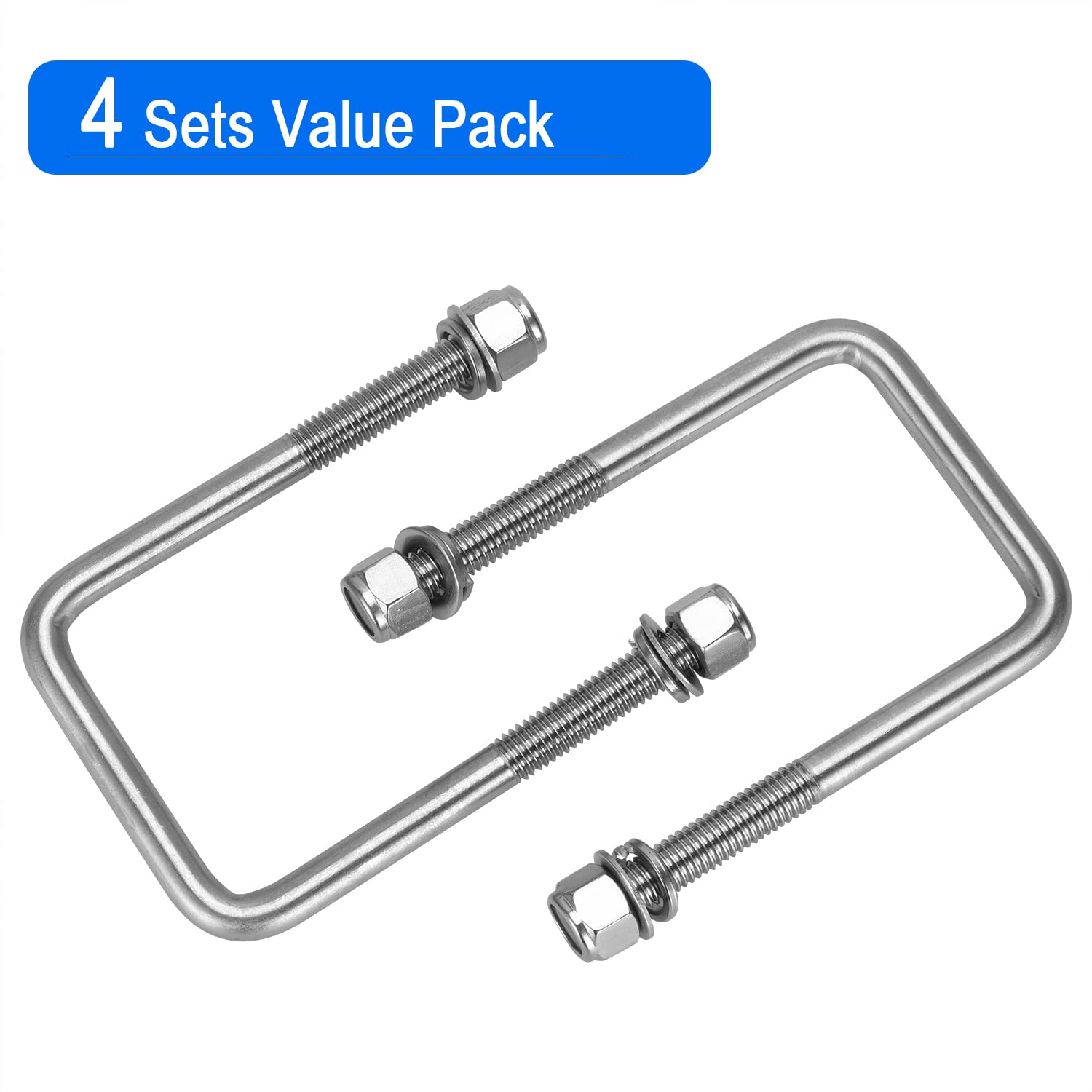 4 Sets Square U Bolts, 3 inch Wide 304 Stainless Steel U-bolt, 1/2" D x 3 1/16" W x 5 5/16" L, 2 1/2 inch Thread Length 4 U Bolt + 8 Nuts, 8 Lock and 8 Flat Washers for Boat Automobile Trailer