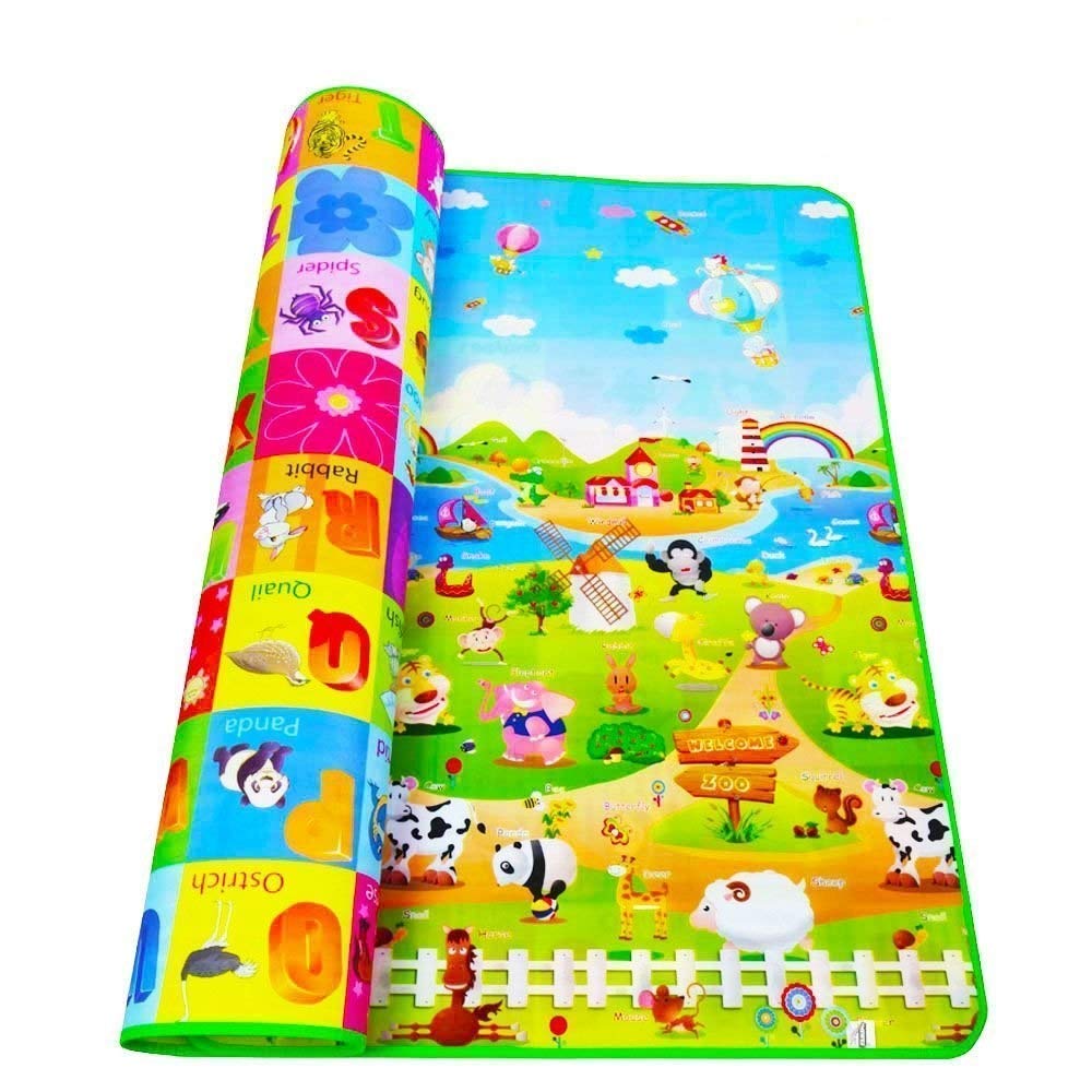 Vroxy Waterproof Double Side Baby Play Crawl Floor Mat for Kids Picnic School Home (Multicolored, Multi Design) with Zip Bag to Carry (Medium - 120 X 180 Cm)