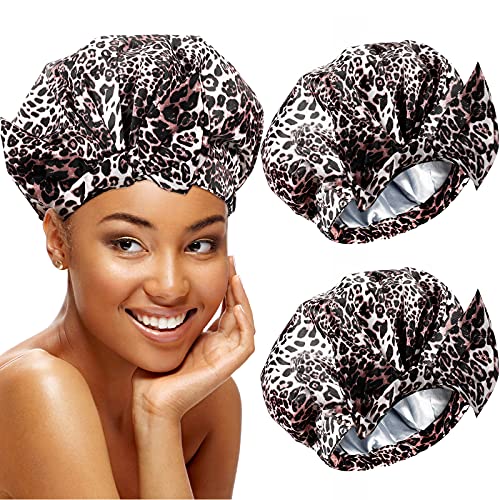 2 Pieces Adjustable Shower Caps Leopard Double Layer Waterproof Shower Cap Reusable Hair Cap Extra Large Shower Cap with Adjustable Shape Forehead Knot Strap for Women Girl Spa Bathing Home Travel