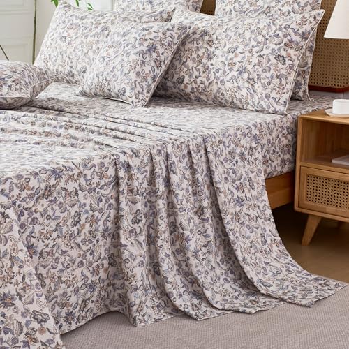 Image of FADFAY Double Gauze Cotton Sheet Set Twin XL- Breathable Cooling Muslin Bed Sheets for Dorm, Soft Paisley Floral Bedding for Kids Teens Students, Lightweight Cotton Sheets
