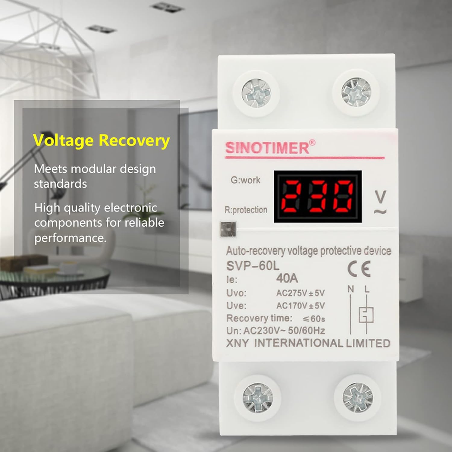 Automatic Voltage Protector 230V 40A Overvoltage Undervoltage Device DIN Rail Mount with Recovery Function