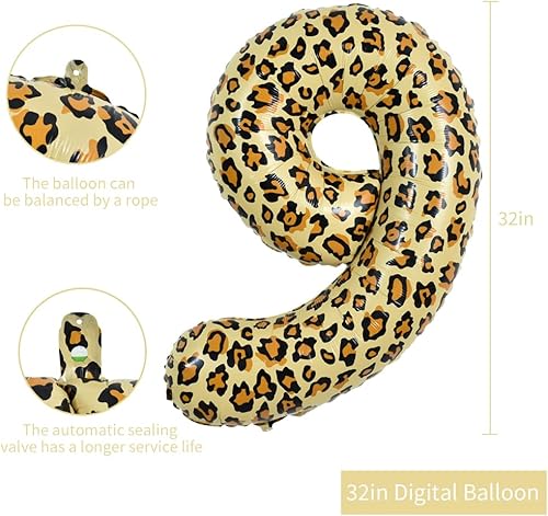 Miniatura 2 de TONIFUL Globo de leopardo grande número 9 de 32 pulgadas, guepardo, globo digital grande de nueve globos, decoración de fiesta de cumpleaños con