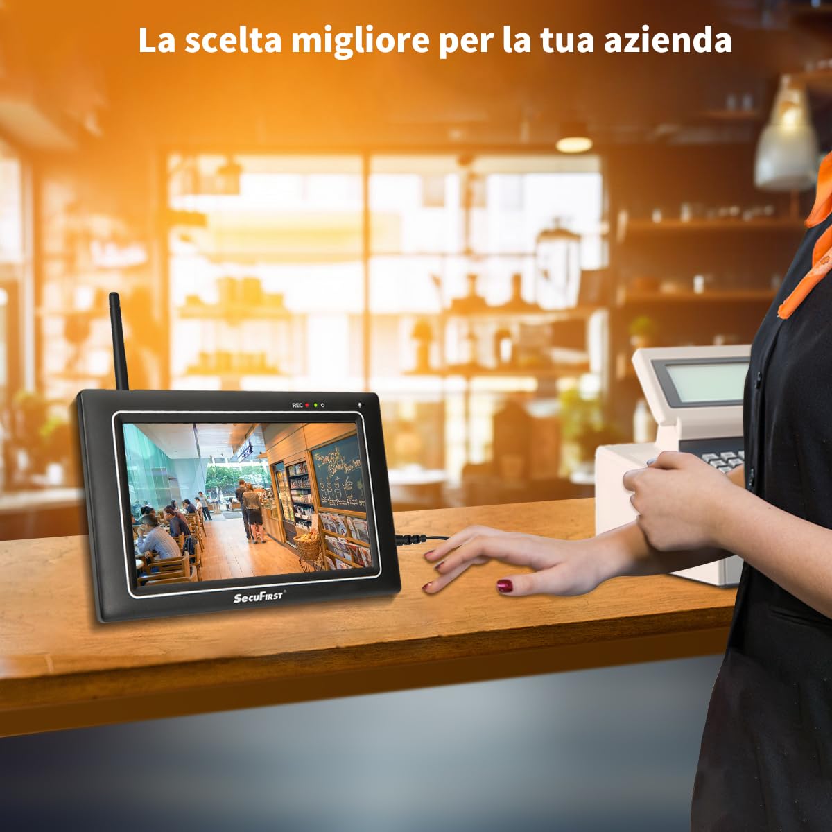 SecuFirst Kit Telecamere Videosorveglianza Esterno,Con monitor Touch Screen da 7",Lavora senza wifi,2K telecamere senza fili da esterno.64 GB di memoria,Nessun costo di abbonamento.
