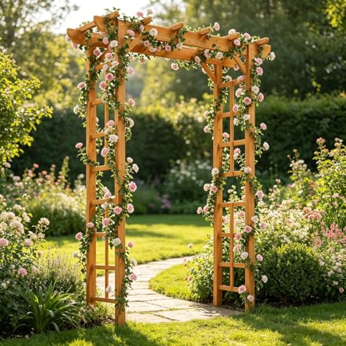 Image of Aoxun 85 inch Wooden Garden Arbor Arch, Wedding Arbor for Ceremony, Arch Trellis for Climbing Plant Outdoor, Pergola Archway Decor for Garden, Backyard and Lawn, Brown