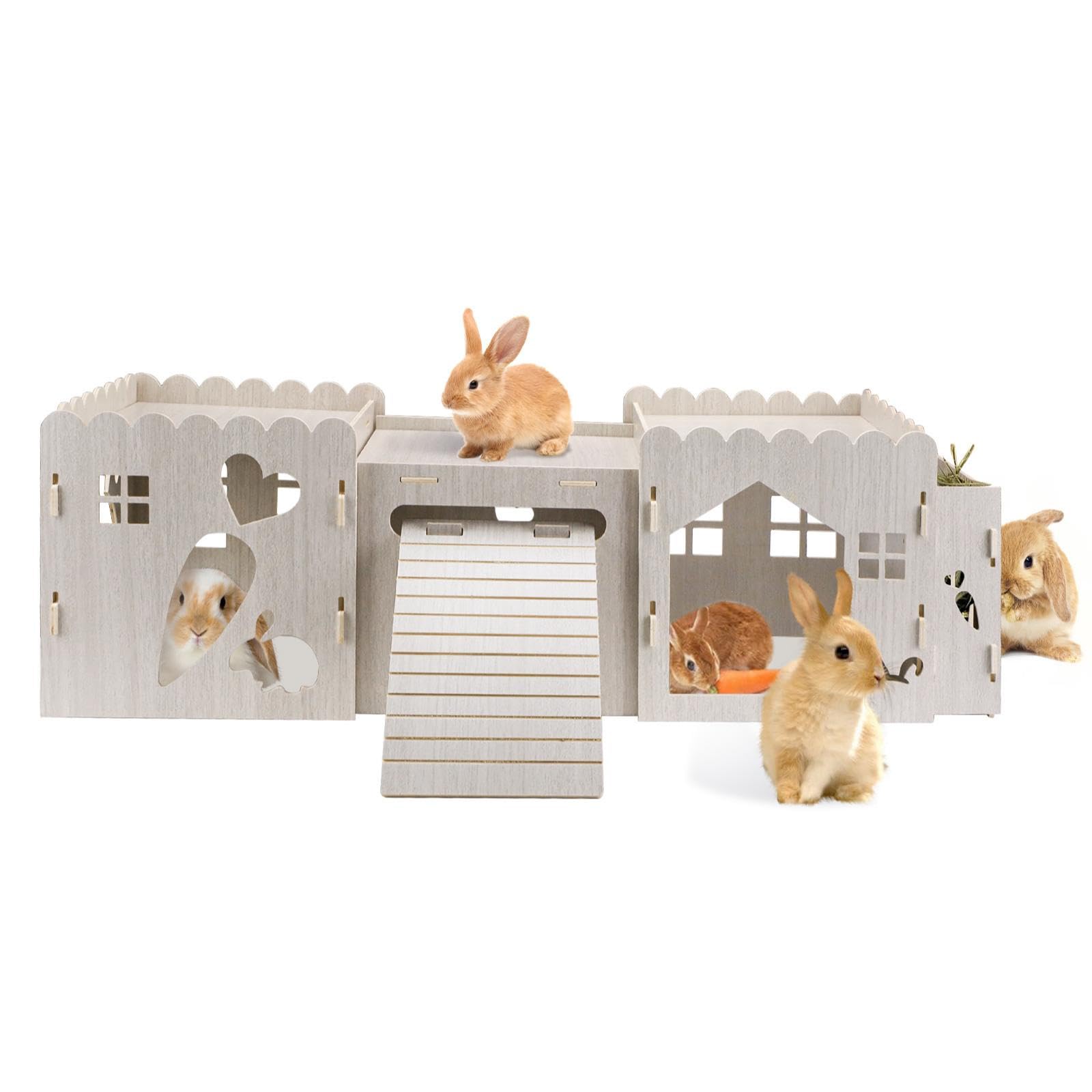 Nagelfreies, abnehmbares Kaninchenversteck mit Futternapf, Hasenrampe und mehreren Löchern, großes Hasenschloss aus Holz, niedliches Kaninchenhaus für syrische Hamster, Eichhörnchen