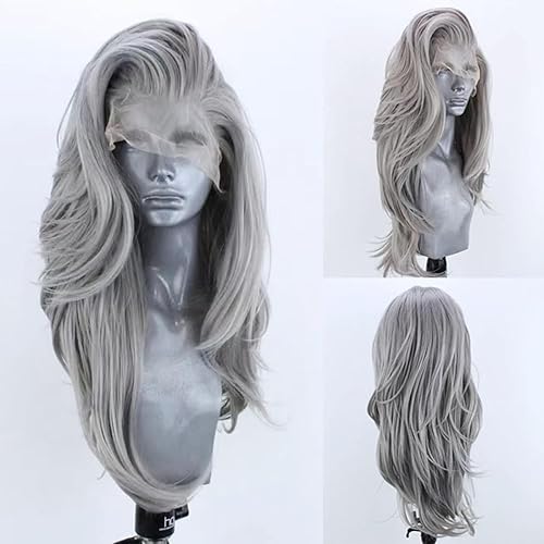 COCOFANS Silver Wigs for Women Girls Free Part Long Natural Wave Lace Font Wigs Slightly Wave Wig Heat Resistant Synthetic Lace Wig Light Grey Daily Wear Wigs - Silver Grey_SW