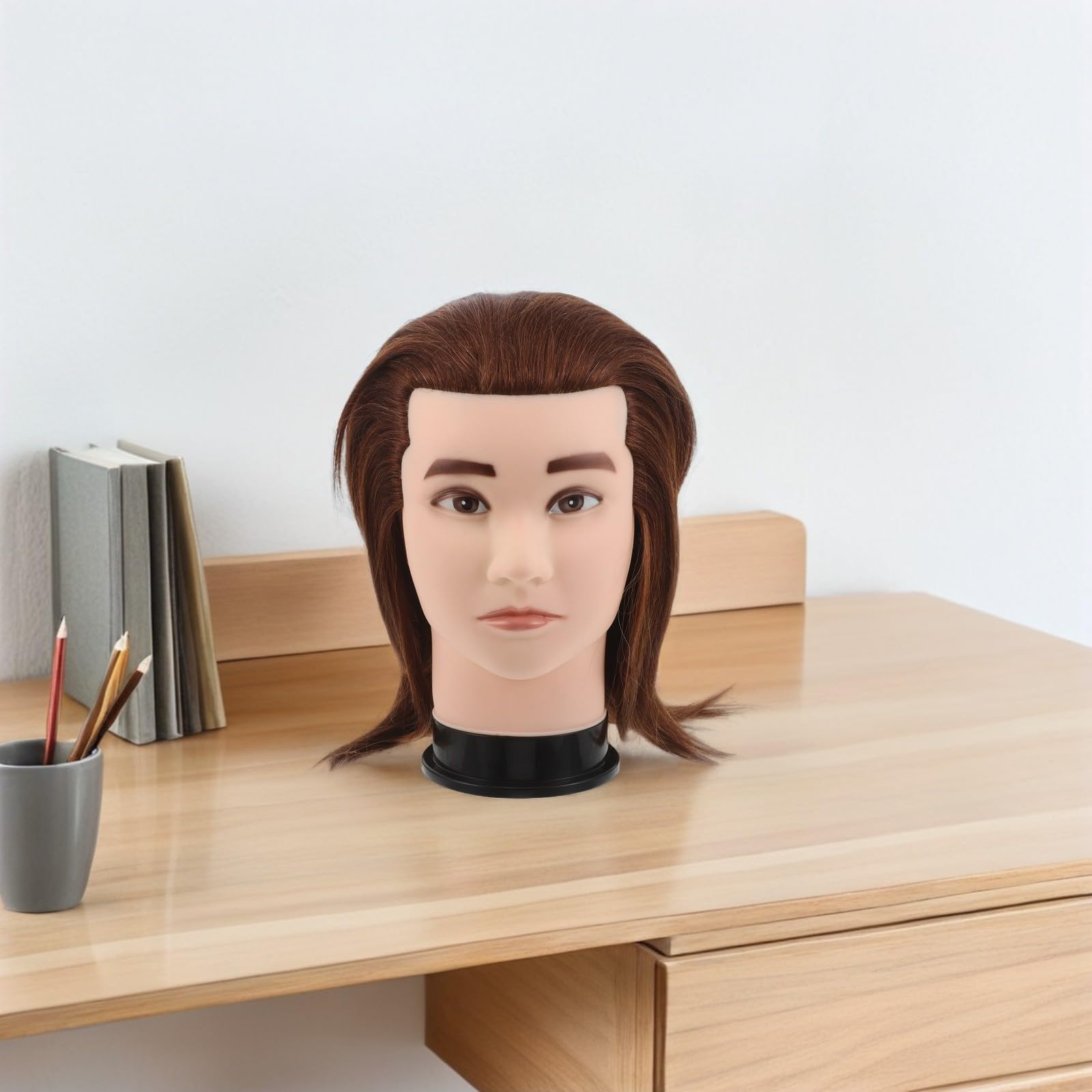 Housoutil Übungskopf mit Echthaar für Friseurübungen Braun 25cm Männlicher Haar Stylingkopf für Bartpflege und Kosmetikschulung Herrenfrisur Tutorial