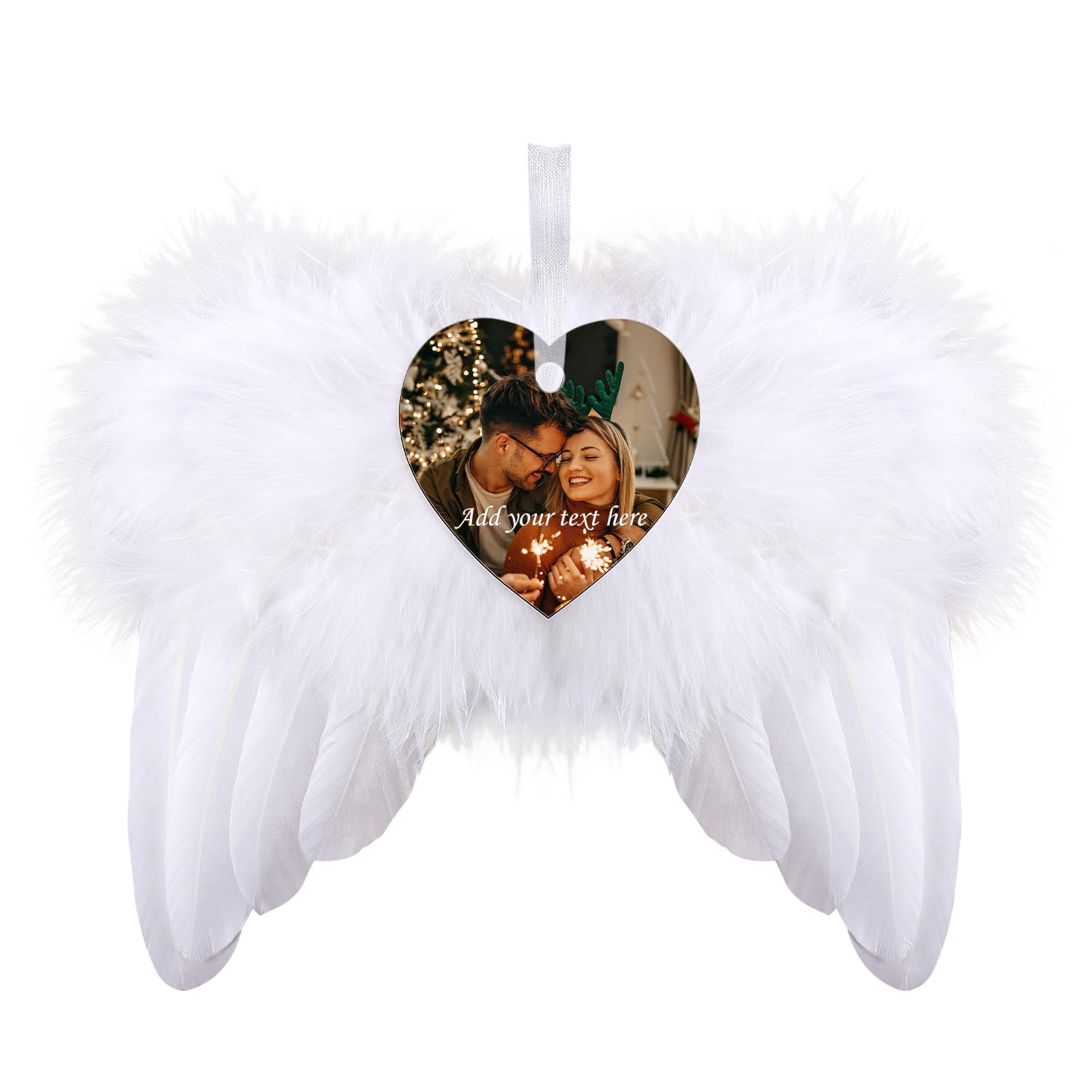 Personalized White Angel Wings Christmas Ornament, Feather Hanging with Custom Heart Ornaments for DIY Wedding, Customized Xmas Tree Holiday Party Decor