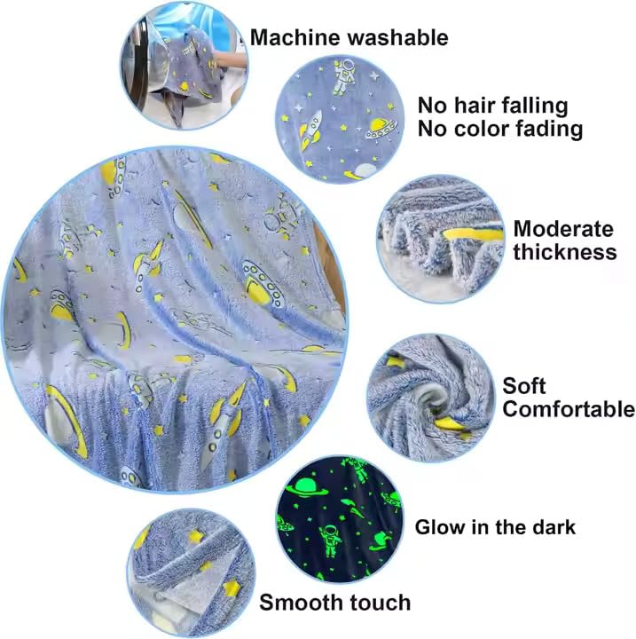 Image of TONY STARK ULTRAAGLOW Glow in The Dark Blanket for Kids (0-15 Years, 200x152 Cm) Soft Flannel Fleece Throw, Cozy & Warm All-Season Radium Blanket for Boys & Girls - (UFO & Astronaut)