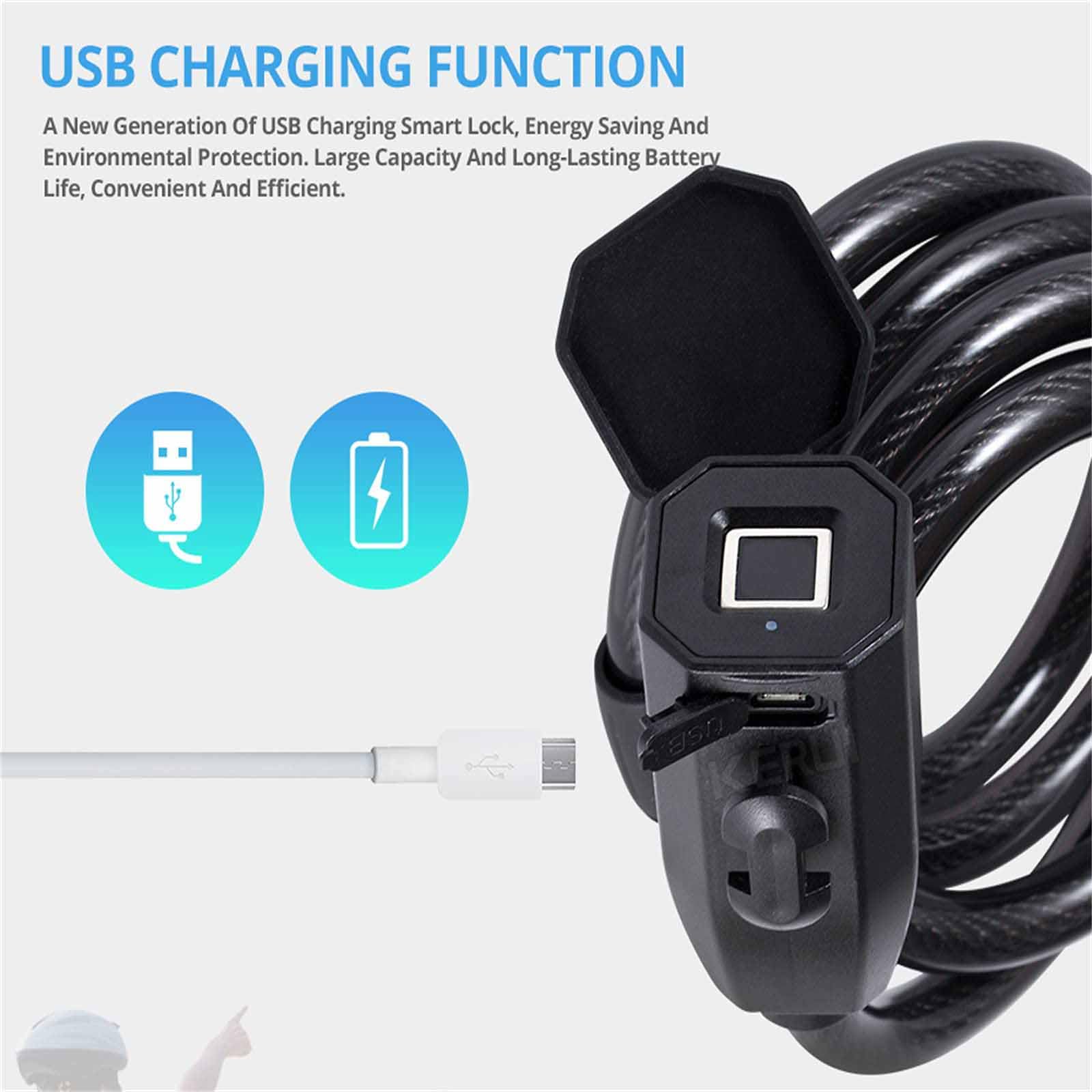 Lucchetto per Bicicletta con Impronta Digitale Intelligente - Supporta 10 Set di Impronte Digitali / 3 Metodi di Sblocco/Ricarica USB - Lucchetto Antifurto in Acciaio da 1,2 Metri,Black