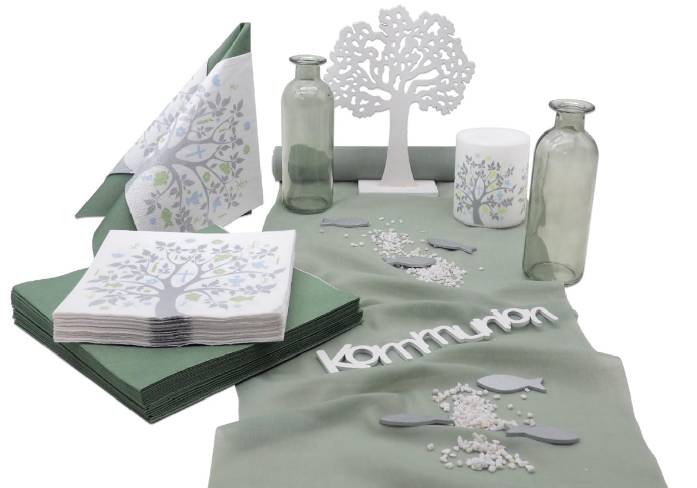 ZauberDeko Tischdeko mit Motiv Baum des Lebens Salbei Grün - Deko Kommunion & Konfirmation Komplett Set