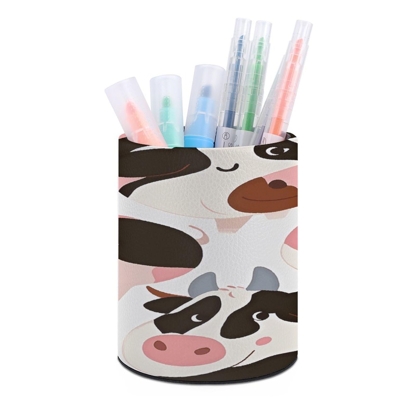 FekiLoot PU Leather Round Pen Holder Cow Pattern Pencil Holder Desk Organizer Pen Organizer Pen Cup Pencil Cup Caddy Desktop Stationery Organizers for Office Home Supplies