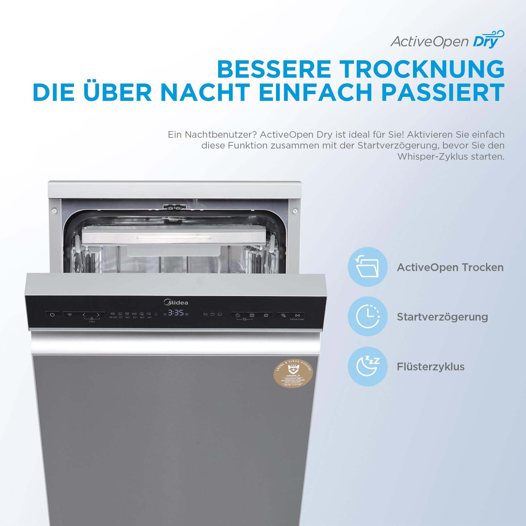 Midea Geschirrspüler Freistehend 45 cm 10 Maßgedecke MDWEF1034DSS-WE Aqua-Stopp Silber Energieklasse C
