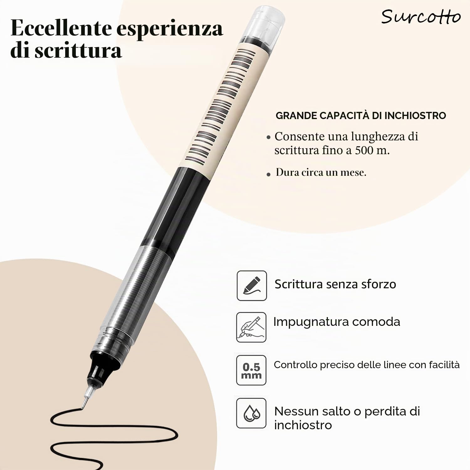 Surcotto Penne Gel Nere 0,5 mm Asciugatura Ultra Rapida per Scrivere, Disegnare e Delineare