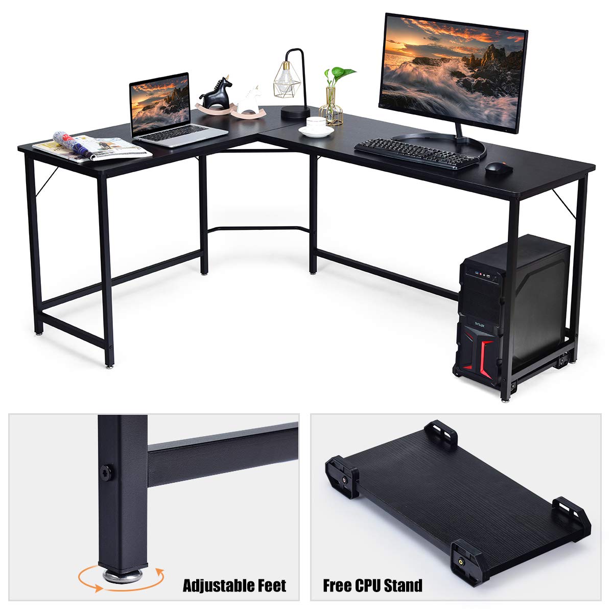 RELAX4LIFE Computertisch für Zwei Personen, Schreibtisch L-Form, Eckschreibtisch mit Verstellbarer Fußpolster und CPU Ständer, Platzsparender Winkeltisch für Arbeitszimmer & Büro, PC-Tisch (Schwarz)