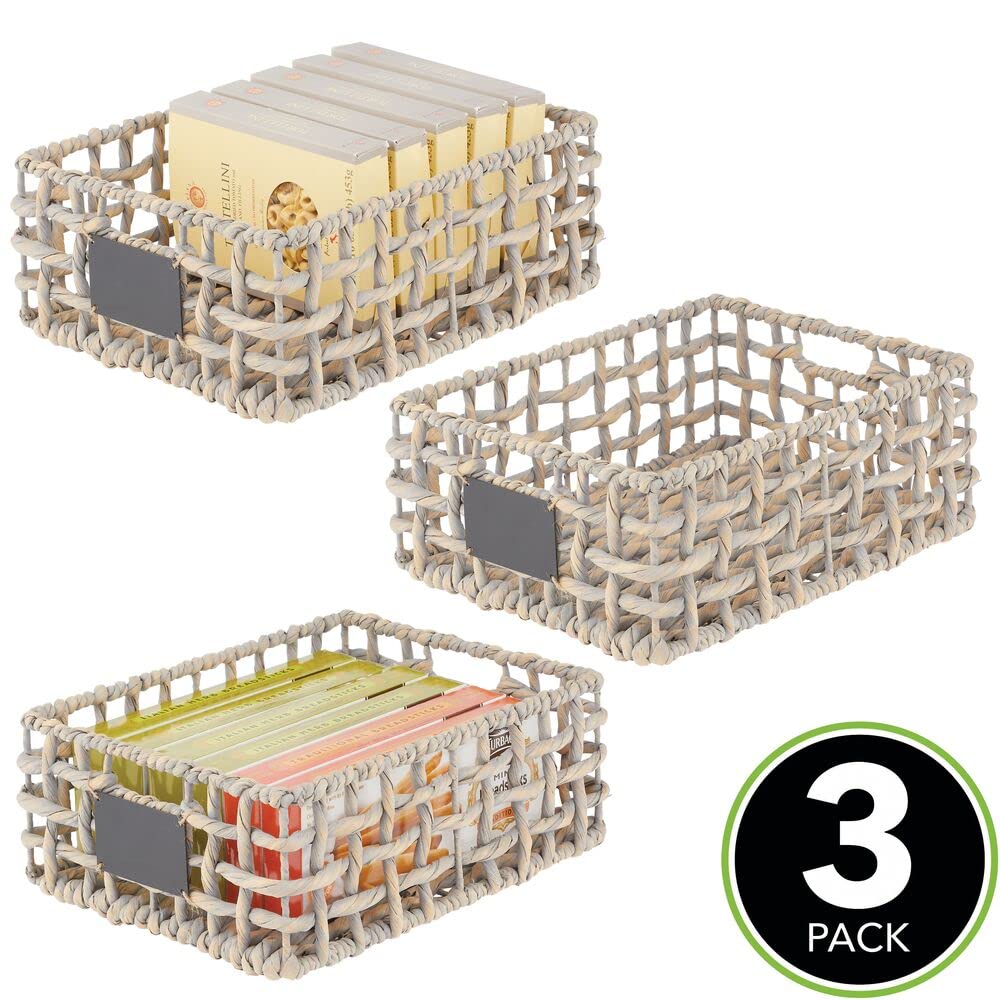 mDesign Set da 3 cestini portaoggetti per armadi – Scatole Organizer in giacinto Intrecciato con Etichetta – Scatole contenitori con Manici Ideali per Bagno, Camera, Ufficio – Grigio Slavato
