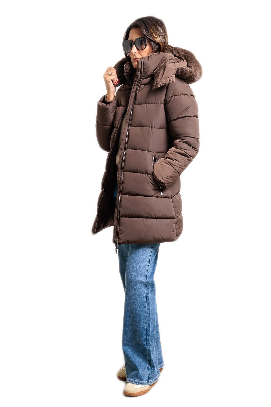 Piumino Donna Giubbotto Lungo Cappuccio Pelliccia Giubbino Invernale Casual Elegante VEQUE
