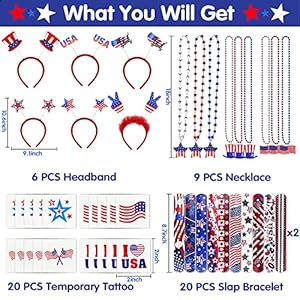 4th of July Accessories Patriotic Party Favors Supplies - 6 Headbands, 9 Necklaces, 20 Slap Bracelet and 20 Temporary Tattoos for Fourth of July Party Decorations, Independence Day, Memorial Day 4th of July Accessories Patriotic Party Favors Supplies 6 Headbands 9 Necklaces 20 Slap Bracelet and 20 Temporary Tattoos for Fourth of July Party Decorations Independence Day Memorial Day