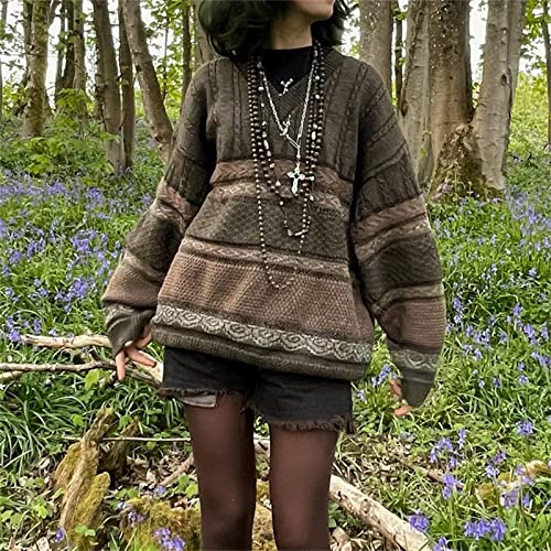 Image of Women Vintage Striped Pullover Sweater Y2k Long Sleeve Crew Neck Loose Knit Sweaters Fall Winter Knitwear