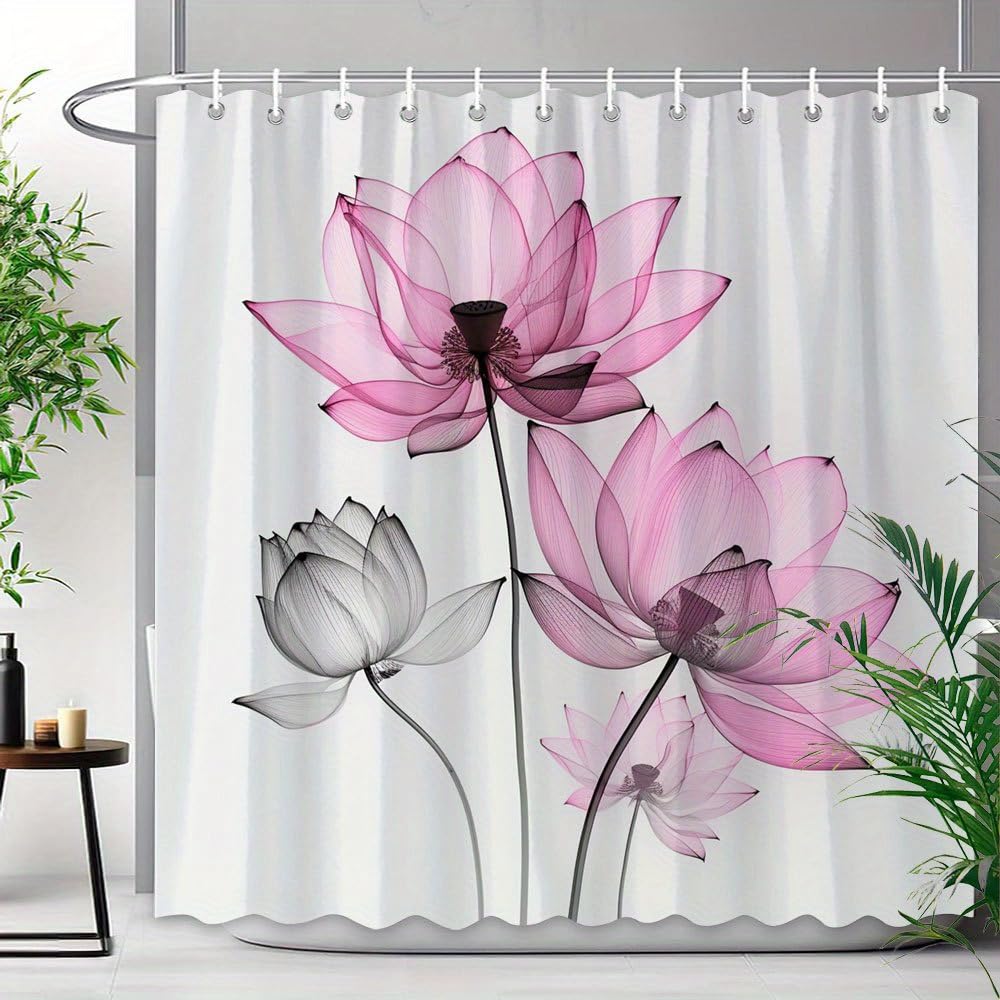 GLWDMB 1 Piece 180x220CM Pink Gradient Lotus Floral Printed Shower Curtain With Hook, Polyester, for Windows And Walls, Bathtub, Bathroom, Machine Washable, All Season Universal