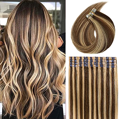 Tape in Hair Extensions Solid Color 4P27 Medium Brown/Dark Blonde 18 Inches 40g 20Pcs Double Sided Adhesive Tape Natural Silky Straight Invisible Seamless Skin Weft Skin Soft for Women #4P27