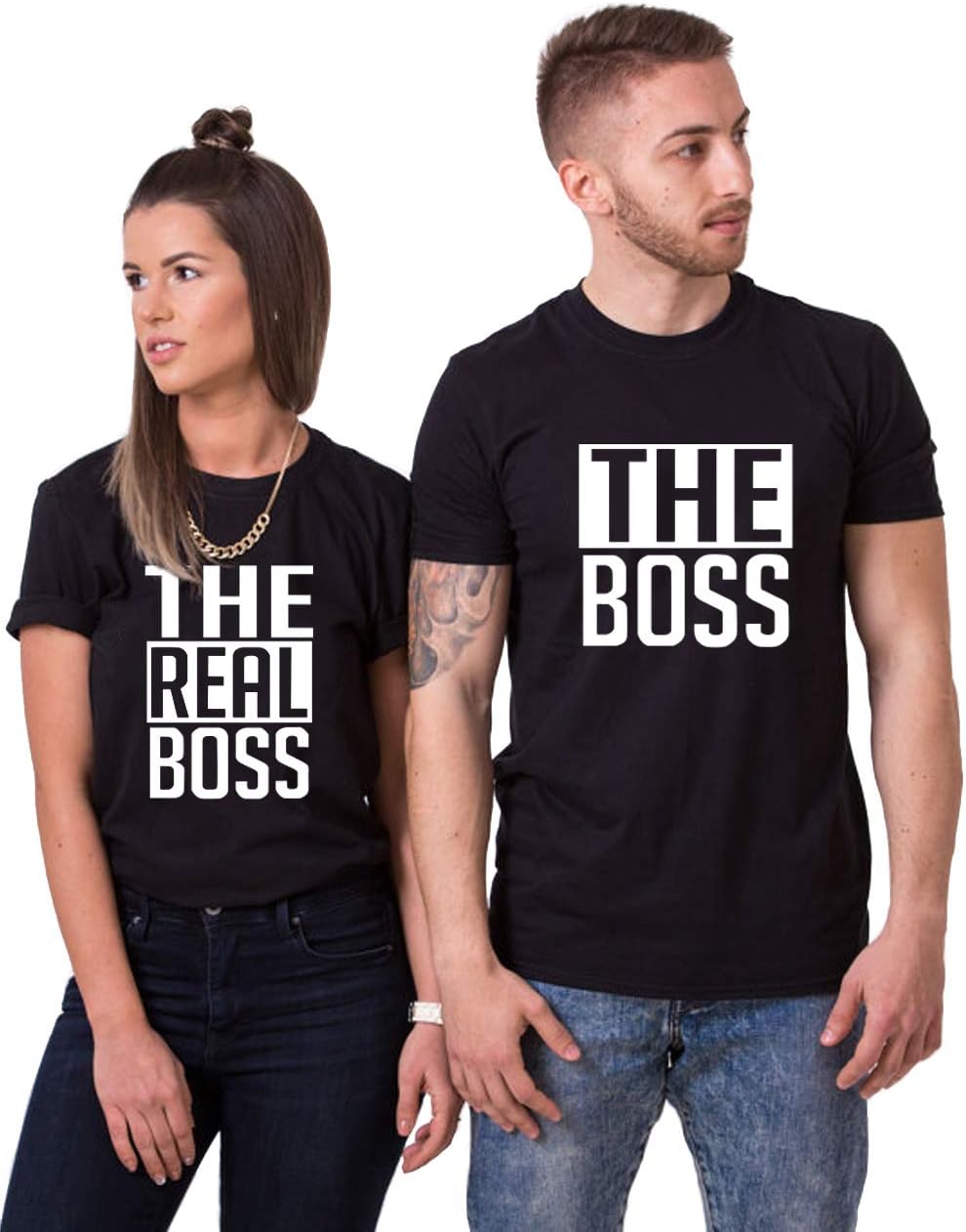 Matching Couple T-Shirts - His & Her - The Boss & The Real Boss -Letter Print - Short Sleeve - T-Shirt