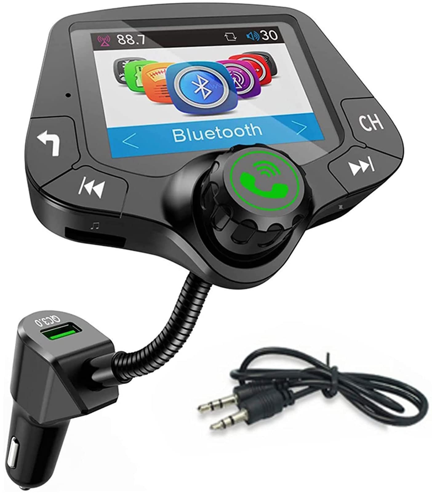 Kettles Transmisor de FM de Bluetooth para automóvil, Adaptador de transmisor de Radio de automóvil Bluetooth MP3 Music Player Manos Kit de Coche Libre QC 3.0 Adaptador de Cargador de automóvil