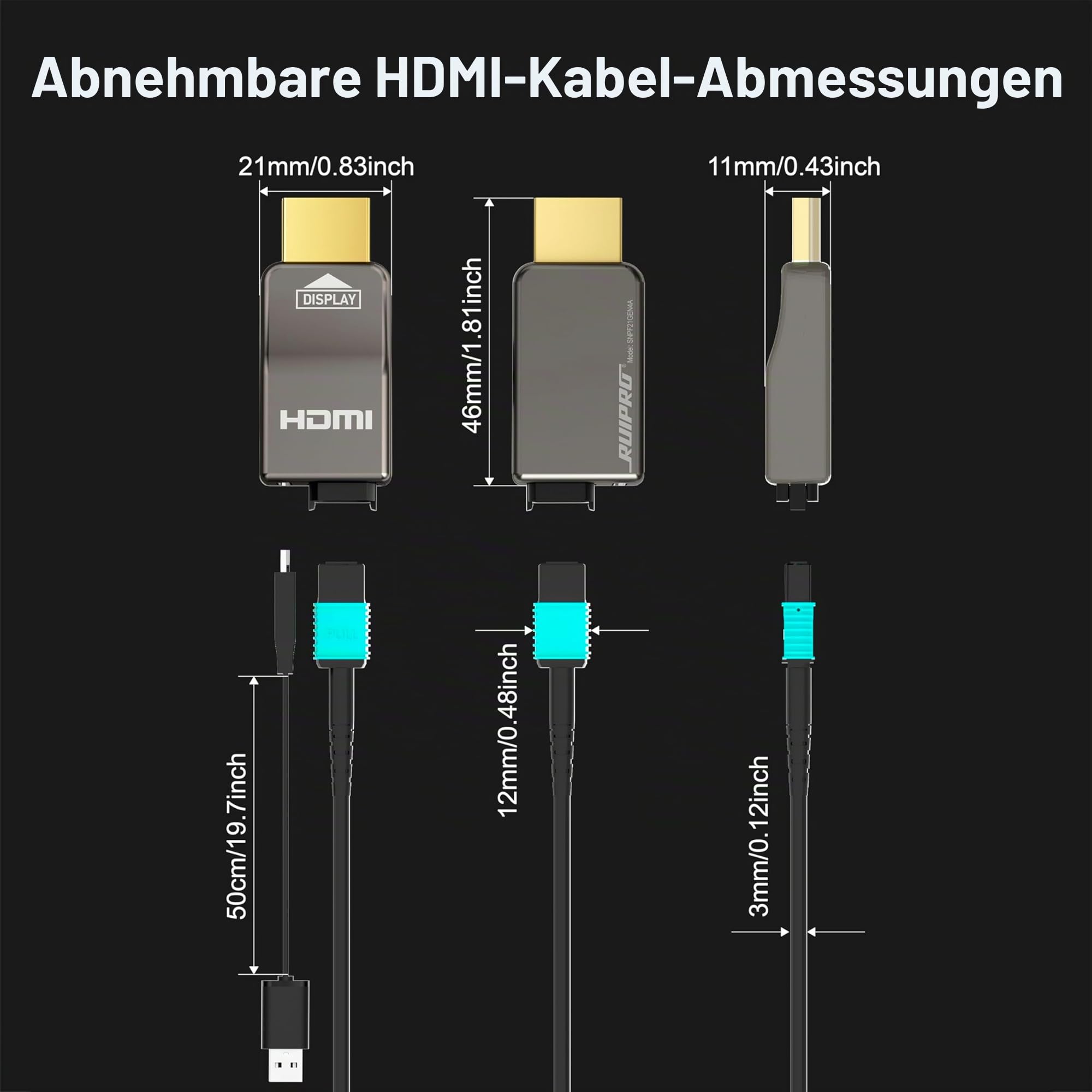 RUIPRO 8K HDMI 2.1 Kabel mit abnehmbarem Stecker aus reiner Glasfaser, 15 m, armiert, Ultra High Speed 48 Gbit/s, 8K@60Hz, 4K@120Hz, Dynamic HDR, eARC, für Leerrohre, Xbox, Beamer, RTX 3080/4090