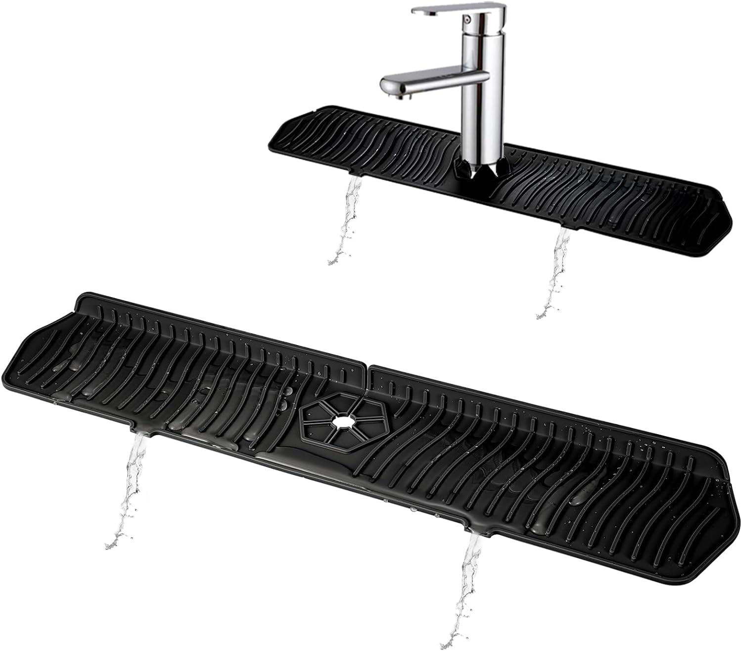 Kitchen Sink Splash Guard, 61CM Faucet Mat Splash Catcher, Handle Drip Catcher Tray, Multipurpose for Kitchen Dish Drying Mats Sponge Holder and Bathroom Countertop Protect (Black)