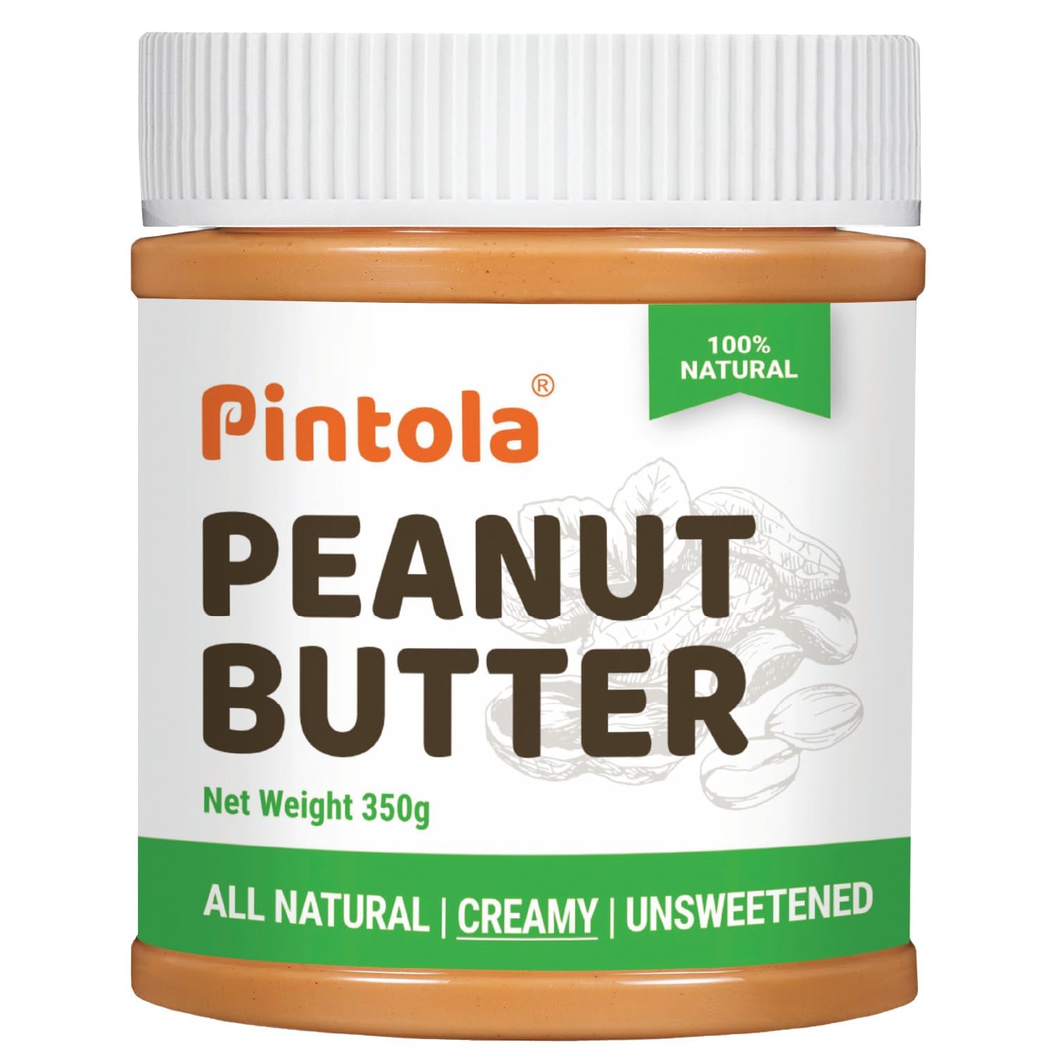 Pintola All Natural Peanut Butter Creamy 350g | Smooth | Unsweetened | 30g Protein | Gluten & Cholesterol Free, Vegan Peanut Butter, Nut Butter, High in Protein Spread, 100% Roasted peanuts butter