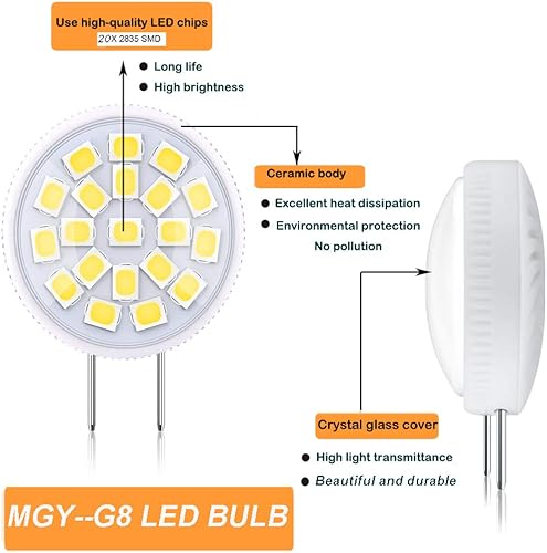 Miniatura 3 de G MGY OLED Bombilla LED G8 de 3.5 W, mini bombilla de disco delgada equivalente a 35 W, T4 G8, base de bi-pines, bombilla halógena blanca de 6000 K