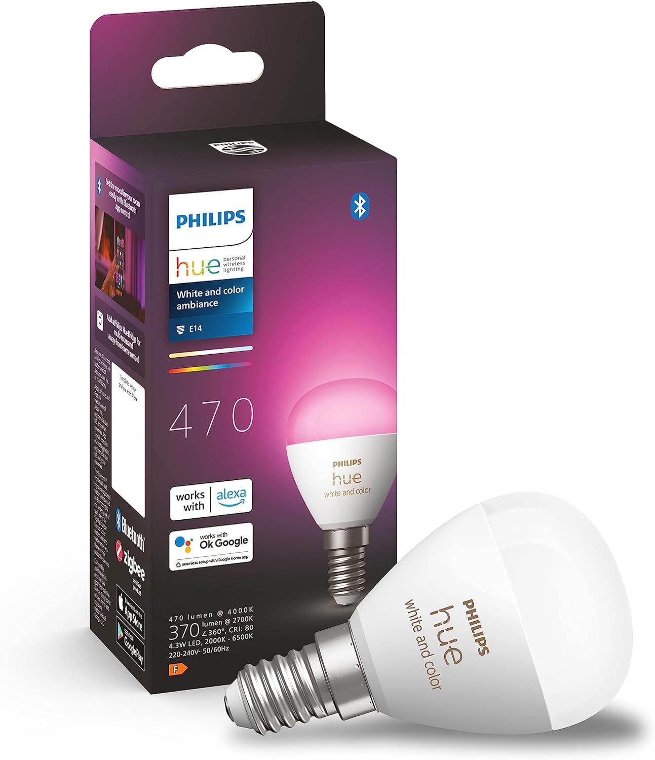 Philips Hue Philips Hue White and color ambiance, ampoule LED connectée sphérique compatible Bluetooth, E14, fonctionne avec Alexa, Google Assistant et Apple Homekit
