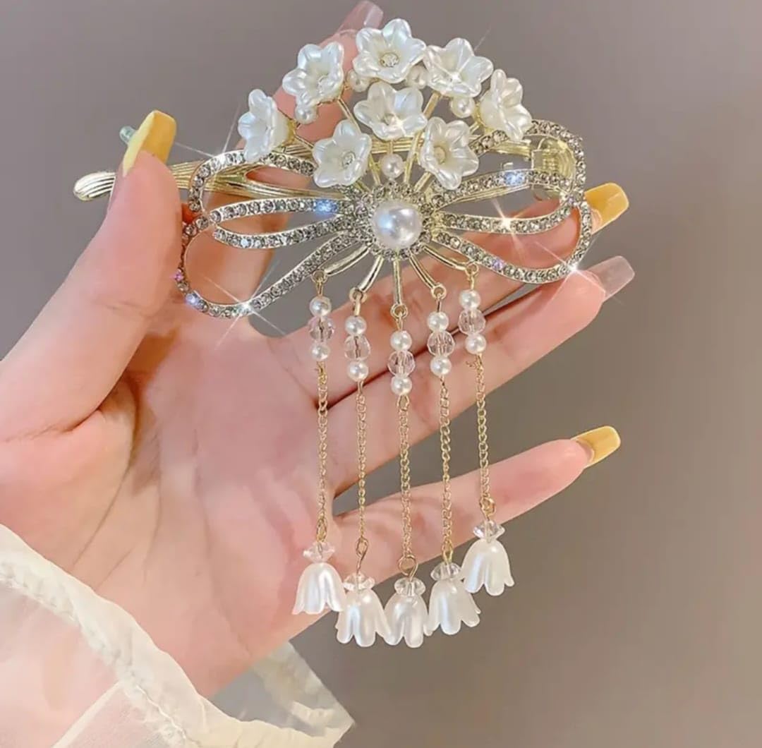 1Pcs Flower Rhinestone Tassel Hair Clip for Women, Bun Clip, Juda Clip ,Pearl Bow Banana Claw Barrette, Lily of The Valley Bell Orchid Korean Bridal Hair Back Pin Hanfu Elegant Hair Accessory for Girls-image-24