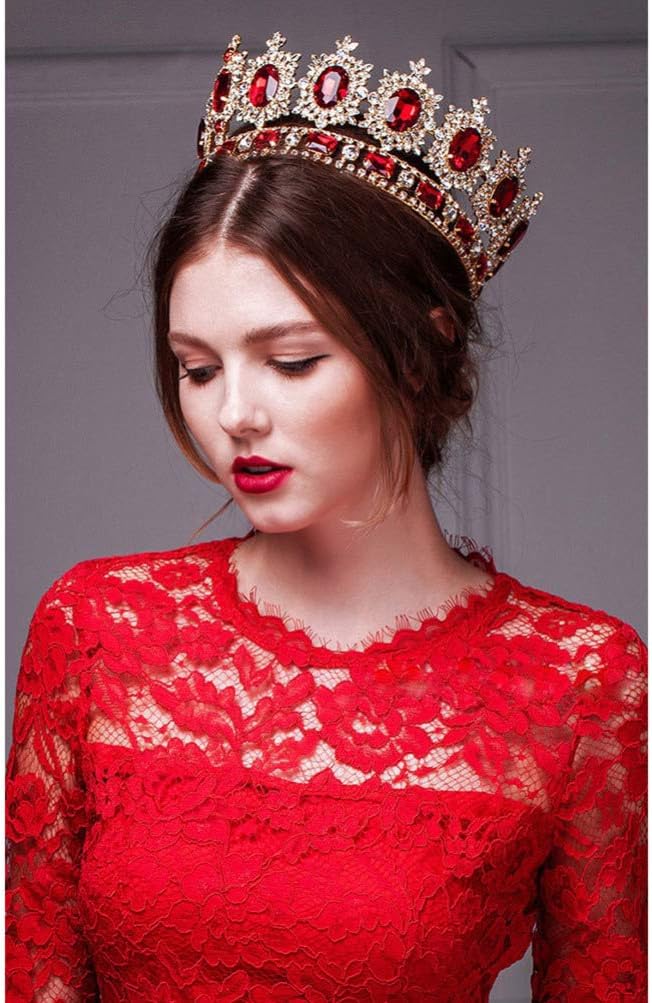 Beaupretty Rhinestones Crystal Crown Baroque Queen Crown Vintage Tiara Full Round Wedding Crown for Birthday Wedding Prom Party (Red)