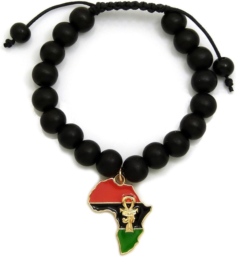 CBC Crown Pan African Colored Africa Map Continent Charm with Egyptian Symbols Adjustable Wooden Bead Bracelet