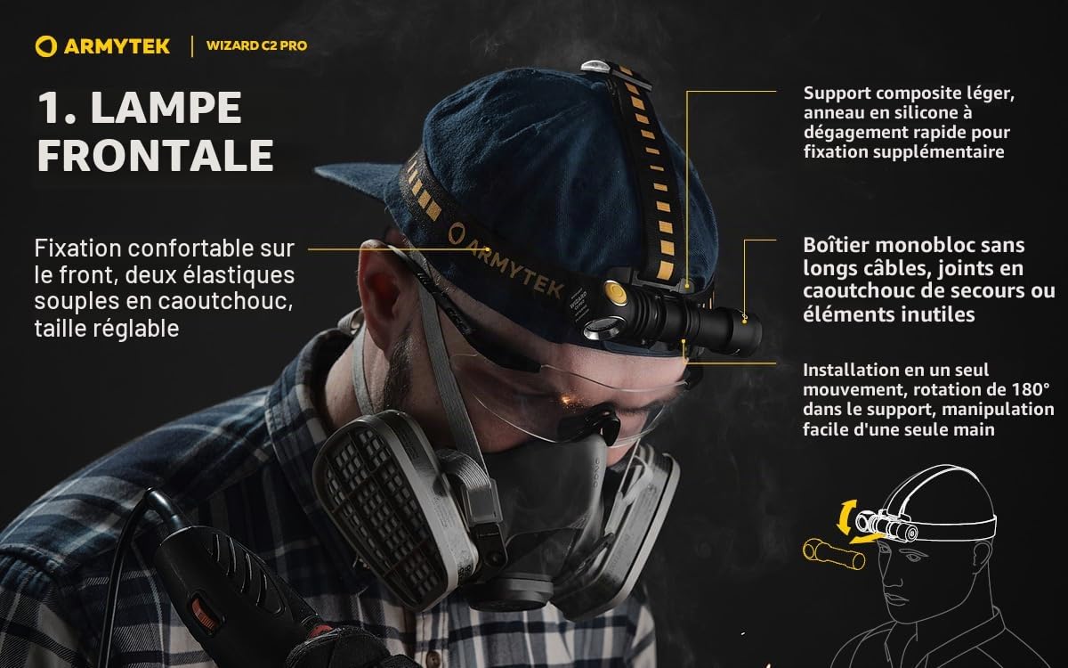 Armytek Wizard C2 Pro DE v4 Blanc froid Lampe frontale LED rechargeable USB + batterie Li-ion 18650 3500 mAh