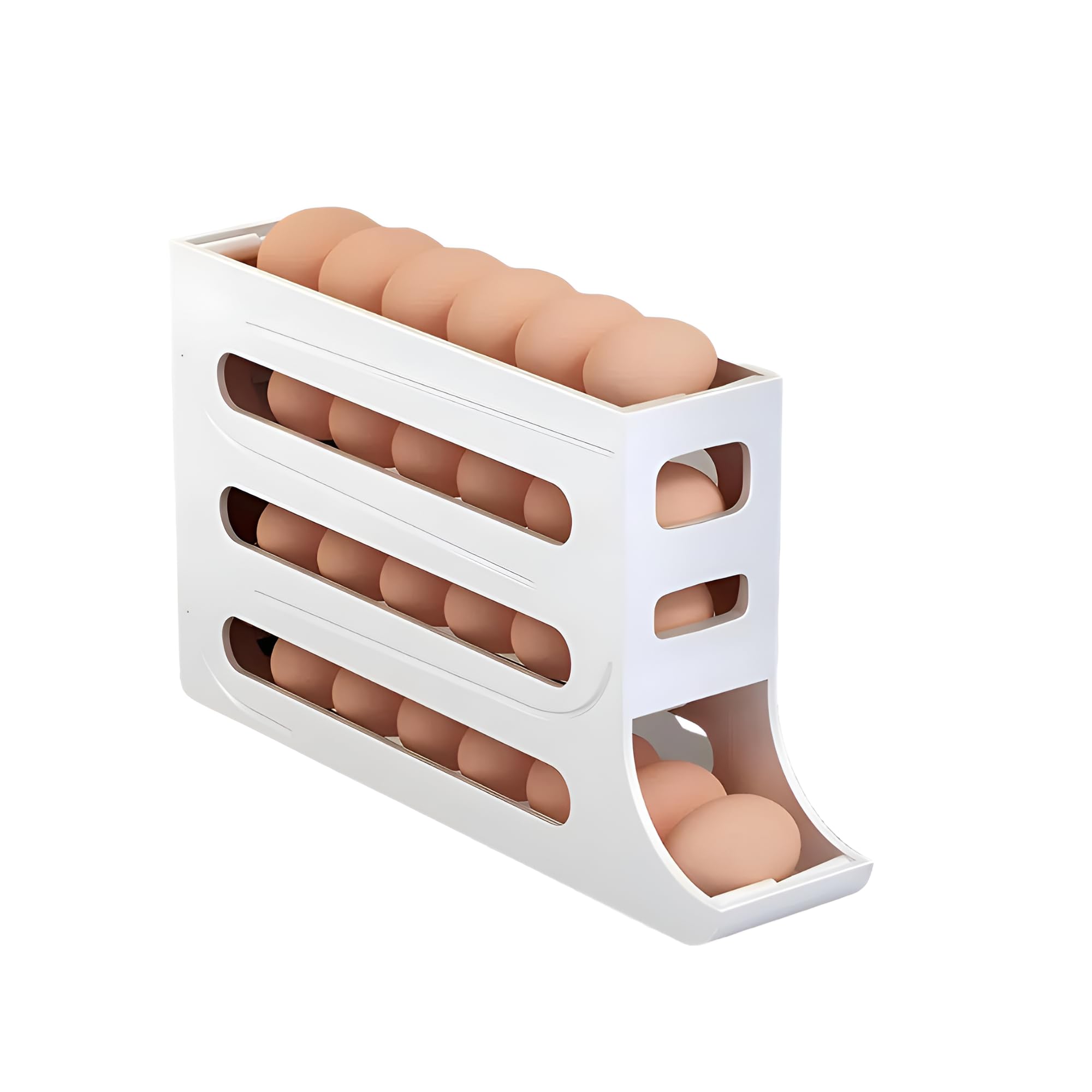 Zr Solutions White 4-Tier Automatic Rolling Dispenser For Refrigerator Space Saving Holder Tray, Stores 28 Eggs, Durable Organizer For Kitchen Counter & Pantry Storage (White)