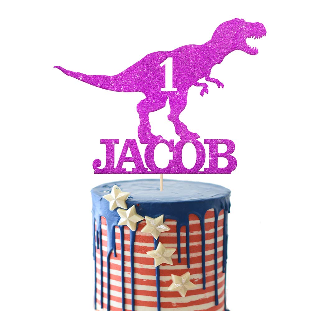 EDSG Personalised Dinosaur Cake Topper for Boys - Multicolour Glitter Dragon (Purple) for 1st, 3rd, 5th, 7th, 9th, 13th Birthdays