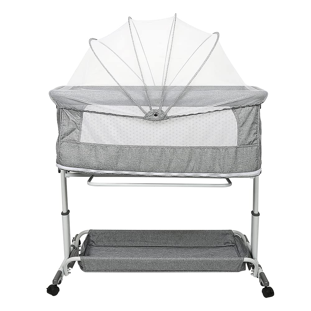 HUOLE Cuna Colecho Viaje,Cuna multifunción 4 en 1, Cuna colecho y Parque, para niños de hasta 50 kg, con colchón, Correas de sujeción y Ruedaspara bebés de 1 a 36 meses-113 * 66 * 84cm-Gris