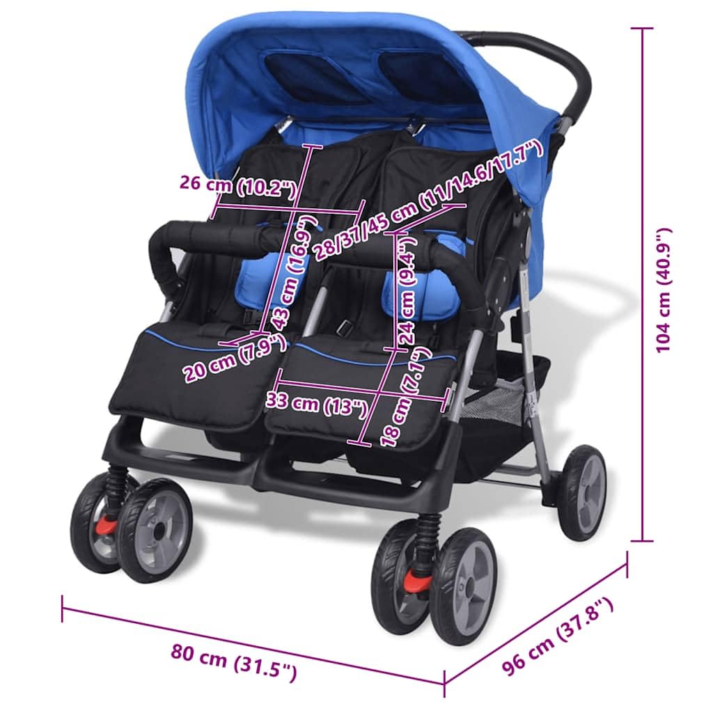 Carrito doble de acero azul y negro plegable con función reclinable y toldo, compacto y ligero para bebés y niños pequeños, ideal para la ciudad, viajes y terrenos