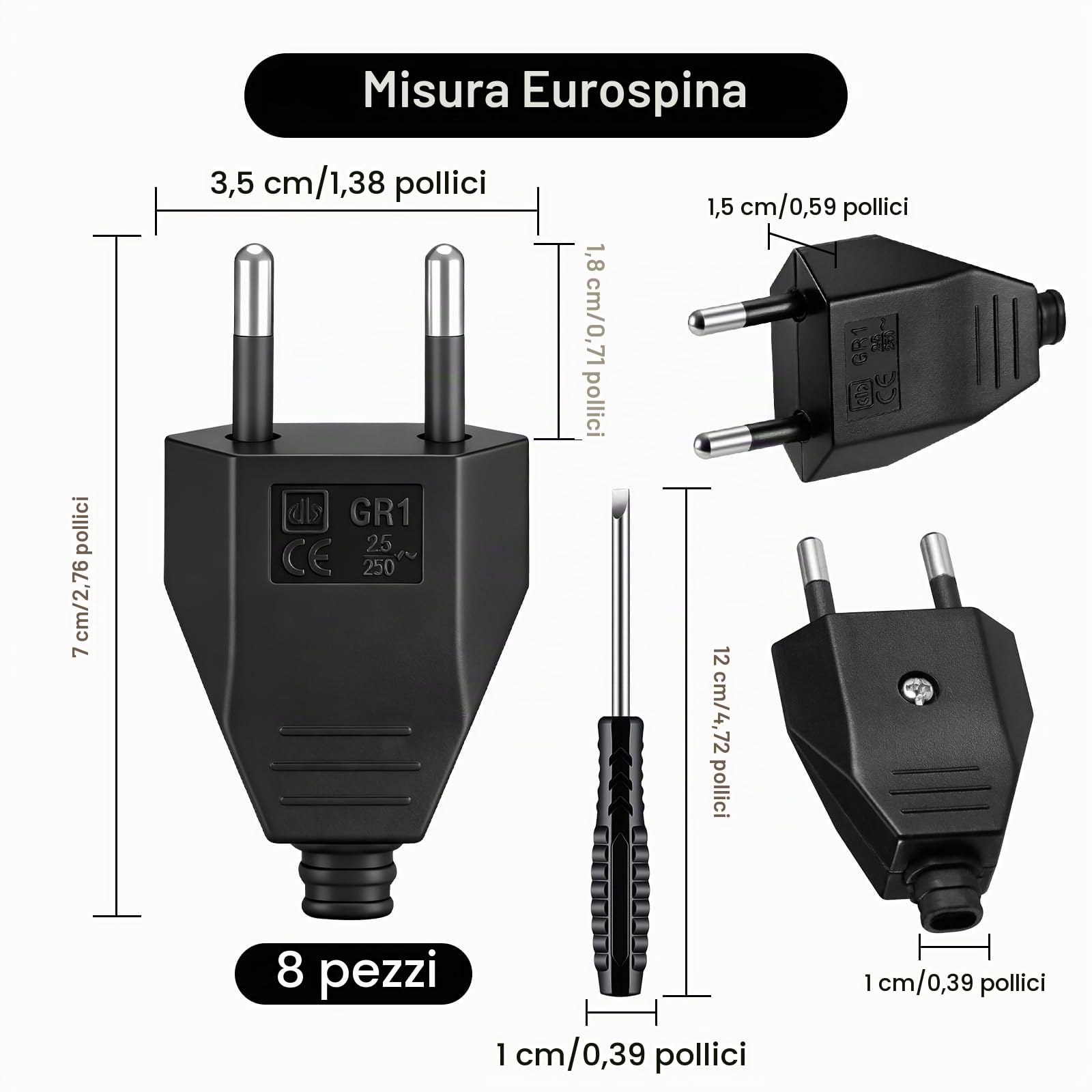 Starvortex 8 Pezzi Spine Europee Piatte, Spine Elettriche da 250V 2,5 A, Spine Piatta Salvaspazio con Cacciavite Incluso, Colore Nero. Adatte per Elettrodomestici e Uso in Viaggio