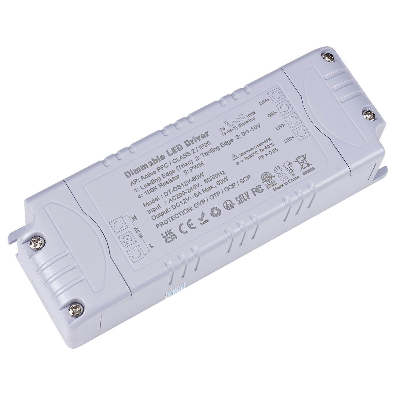 YAYZA! Dimmable LED Driver 12V 60W, TRIAC Transformer IP44 1.66A, AC 240V to DC12V Power Supply, Constant Voltage Switching Adapter for Light Strips, G4, MR11, MR16 LED Bulbs (60 Watt)